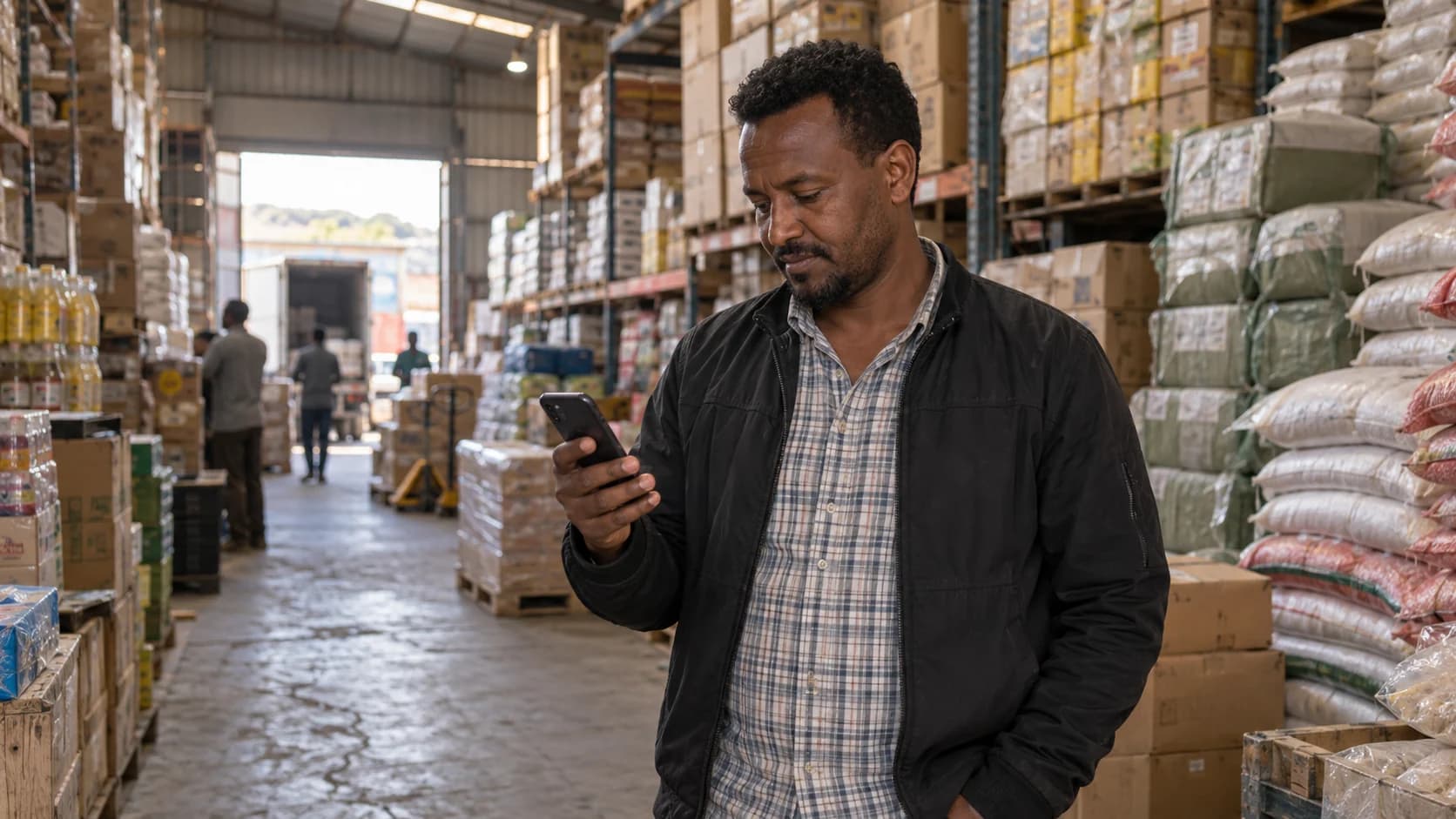 Ethiopian merchant checking his phone in a stocked wholesale warehouse